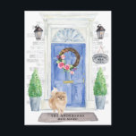 Cartão Postal Cartão-postal de lançamento móvel da Pomerânia<br><div class="desc">Anuncie seu novo discurso com nosso anúncio de na moda com uma Pomeraniana,  porta azul frontal,  tapete de boas-vindas,  tabuleiro,  topiários e uma coroa floral em um fundo de tijolo de cinza.</div>