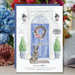 Cartão Postal Cartão-postal de Movimento do Cão-de-Obra Australi<br><div class="desc">Anuncie seu novo discurso com nosso anúncio de na moda com um Cattle Dog australiano,  porta azul,  tapete de boas-vindas,  tabuleiro,  topiários e uma coroa floral em um fundo de tijolo de cinza.</div>
