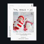 Cartão Postal Cartão-postal de Natal para a Paz com Foto Moderna<br><div class="desc">Foto moderna Amor Paz Joy Cartão-postal de Natal moderno, com cartões-postais de saudação de Natal, com uma letra de cabeçalho manuscrita moderna e editável, fotografia de solteiro e texto preto. A saudação de Natal mais longa aparece atrás. Este cartão-postal de saudação de Natal é uma forma doce de enviar sua...</div>
