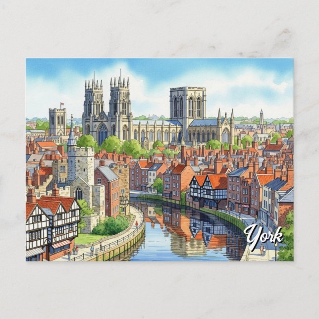 Cartão Postal Cartão-postal de York England Watercolor (Frente)