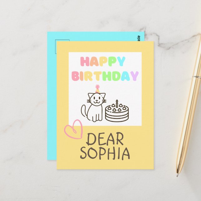 Cartão Postal Cartão-postal do Gato Rainbow Happy Birday (Frente/Verso In Situ)
