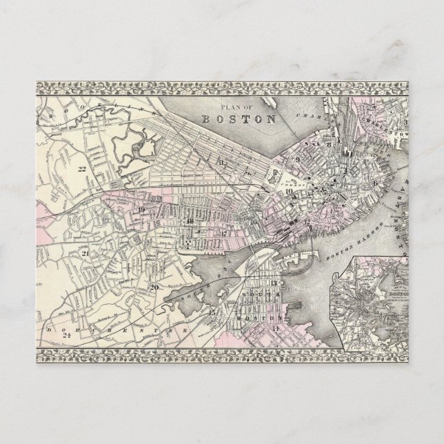 Cartão Postal Cartão-postal do mapa de Boston de 1879 (Frente)