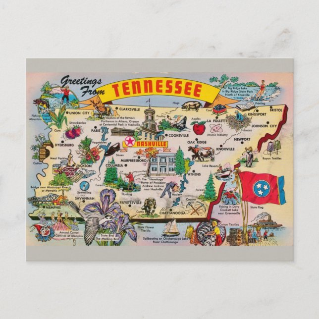Cartão Postal Cartão-postal do Mapa do Estado do Tennessee (Frente)