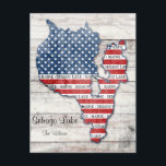 Cartão Postal Cartão-postal do Mapa do Lago Sebago Maine<br><div class="desc">Mostre seu lago Sebago, Maine e orgulho dos EUA! Este cartão-postal exibe um mapa do Lago Sebago, Maine, que é preenchido com gráficos vermelhos, brancos e azuis de bandeira americana. Personalize isso com seu nome e/ou endereço. Mande um cartão-postal da sua casa ou acampamento do lago contando a todos sobre...</div>