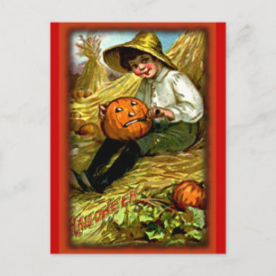 Cartão Postal Cartão-postal do Vintage Boy Carving Pumpkin Hallo