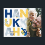 Cartão Postal Cartão-postal Foto Hanukkah<br><div class="desc">O nosso cartão postal Hanukkah Hanukkah com um sonho, menorah, rosquinha de gelatina, e Snowflake é uma forma bela e divertida de desejar à família e aos amigos um Hanukkah feliz no estilo. Personalize com a foto para torná-la realmente uma de uma espécie. Consultas: envie uma mensagem para nós ou...</div>