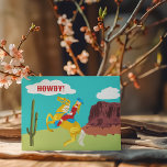 Cartão Postal Cartão-postal Howdy Retro Western Cowgirl<br><div class="desc">Diga olá com sotaque ocidental. Este cartão-postal apresenta uma ilustração retrógrada de uma vaqueira em cavalo numa paisagem ocidental com a mensagem HOWDY! escrita nas nuvens. A parte de trás deste cartão postal é a vazio de escrever na sua própria mensagem e no endereço do destinatário.</div>
