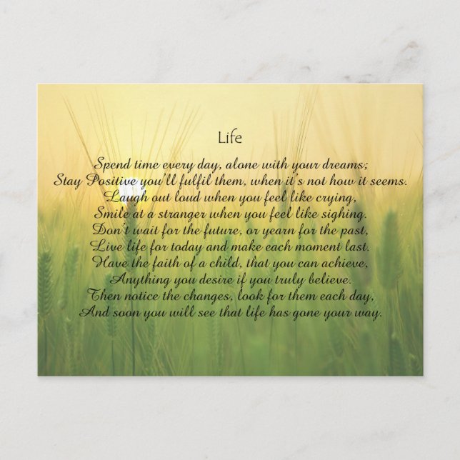 Cartão Postal Cartão-postal Motivacional Life para Incentivo. (Frente)