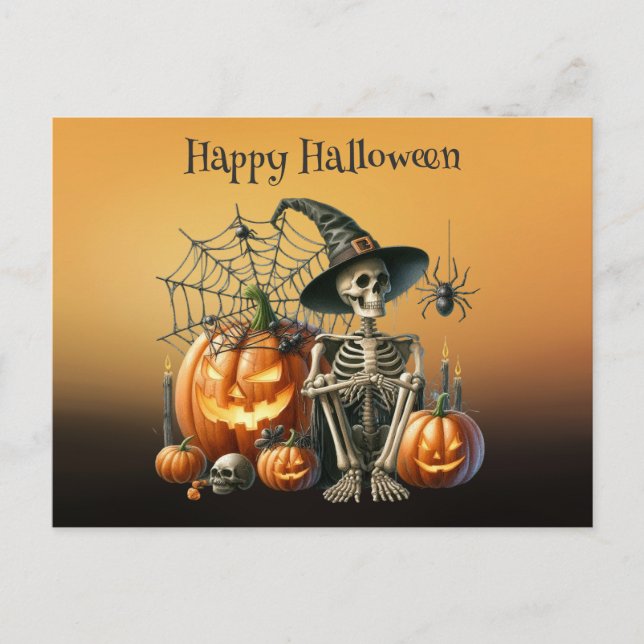 Cartão Postal Cartão-postal Skeleton Pumpkins Halloween (Frente)