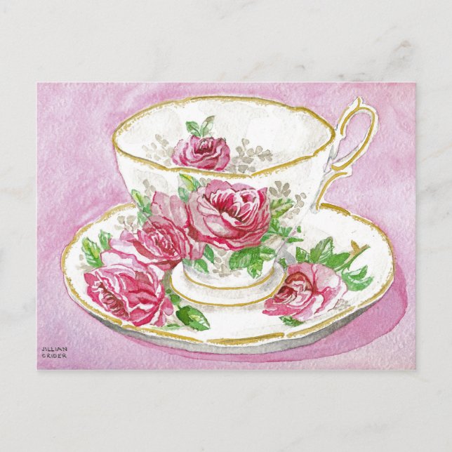Cartão Postal Cartão-postal - Teacup de Aquarela Floral Rosa cor (Frente)