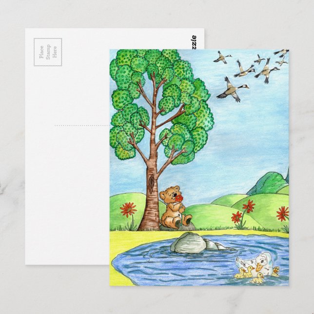 Cartão Postal Cartão-postal "Urso com Flores" (Frente/Verso)