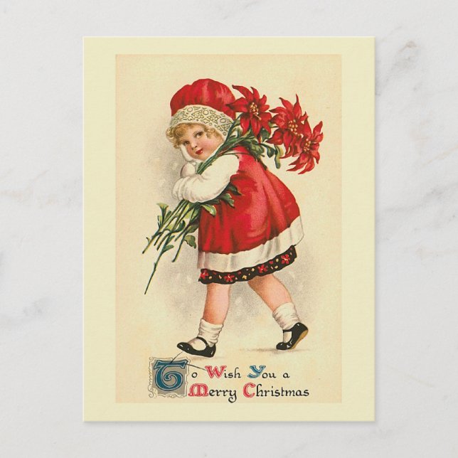 Cartão Postal Cartão-postal Vintage "Menina com Poinsettias" (Frente)