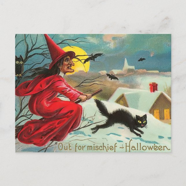 Cartão Postal Cartão-postal Vintage Witch e Cat (Frente)