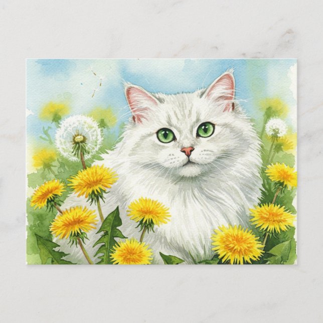 Cartão Postal Cartão-postal White Cat com Dandelions (Frente)