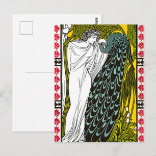 Cartão Postal Cartaz Antigo Art Nouveau de Mulher e Pavão
