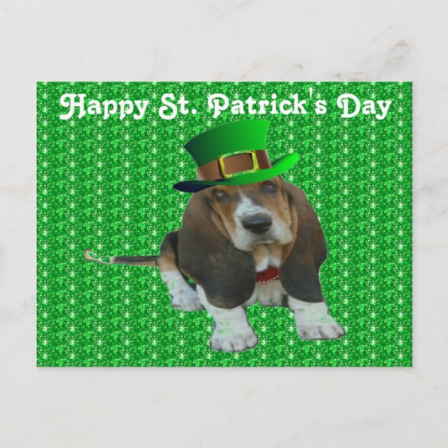 Cartão Postal Cartaz Basset Hound Happy StPatrick's Day (Frente)