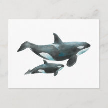 Cartaz de Baleia Orca em Aquarela Mãe e Bebê