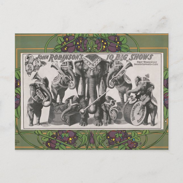 Cartão Postal Cartaz de Circo de Elefantes Tocando Instrumentos (Frente)