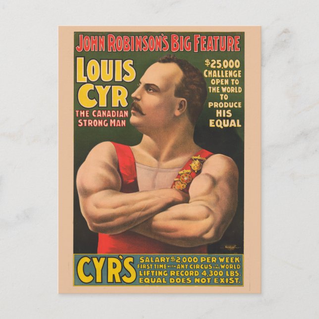 Cartão Postal Cartaz de Circo Mostrando Louis Cyr com os Braços  (Frente)