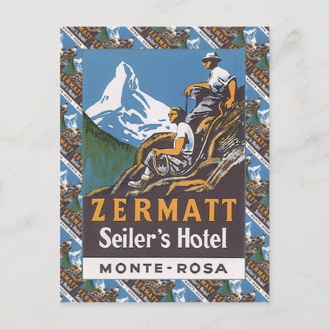 Cartão Postal Cartaz de Esqui Antigo, Suíça, Zermatt, (Frente)