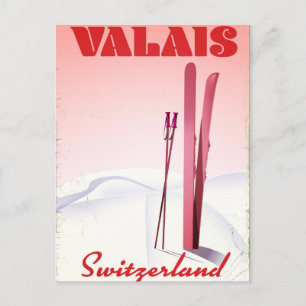 Cartão Postal cartaz de esqui estilo vintage valais Suíça