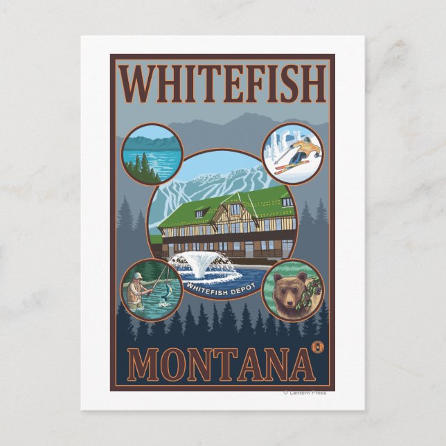 Cartão Postal Cartaz de Viagem Cênico de Whitefish, Montana (Frente)