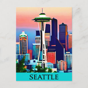 Cartão Postal Cartaz de Viagem de Seattle sob um Céu ao Amanhece