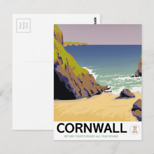 Cartão Postal Cartaz de viagem estilo vintage de Cornwall.
