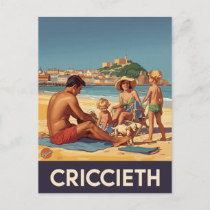Cartão Postal Cartaz de Viagem Vintage Criccieth Família Praia