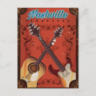 Cartão Postal Cartaz de viagem vintage de guitarra de Nashville,