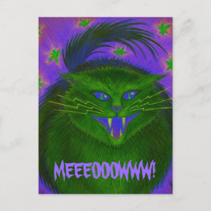 Cartão Postal Cartaz do Gato Assustador Verde 'MEEEOOWWW!'