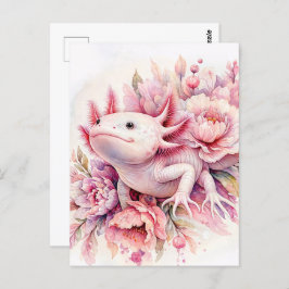 Cartão Postal Cartaz Floral Rosa Axolotl com Aquarela