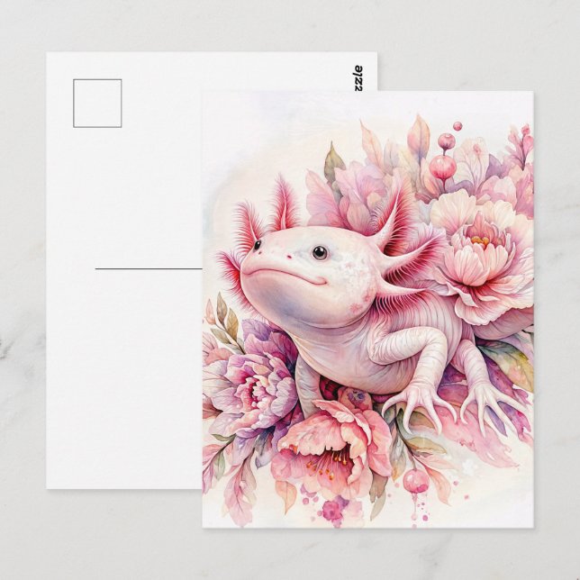 Cartão Postal Cartaz Floral Rosa Axolotl com Aquarela (Frente/Verso)