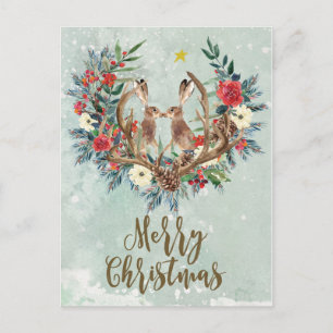 Cartão Postal cartaz foliar feliz de natal de inverno lebres flo