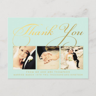 Cartão Postal Cartaz Fotográfico do Mint Dourado Wedding Obrigad