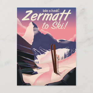 Cartão Postal Cartaz retro de férias Ski Zermatt