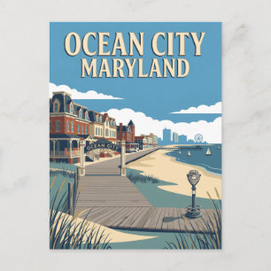 Cartão Postal Cartaz Retro Vintage Ocean City Maryland Boardwalk
