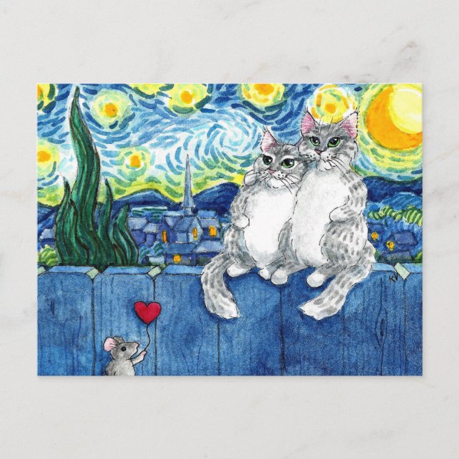 Cartão Postal Cartaz romântico do casal de gato bonito Van Gogh (Frente)
