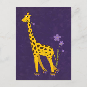 Cartão Postal Cartaz Roxo Engraçado Girafa Roller Sking