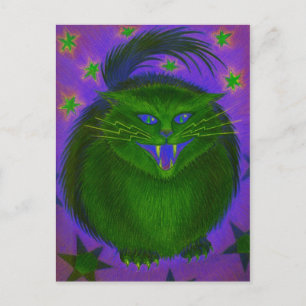Cartão Postal Cartaz verde de Gato Assustador