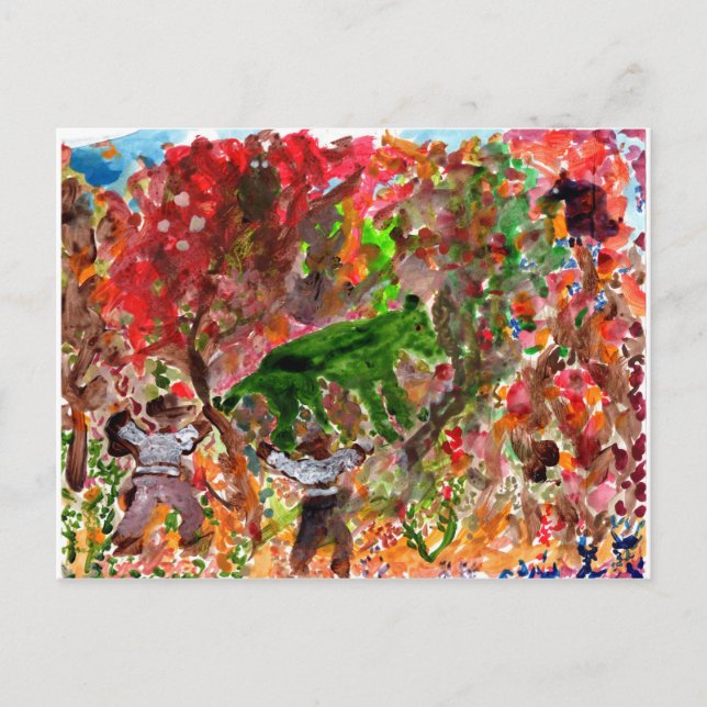 Cartão Postal Cartaz verde em árvores vermelhas (Frente)