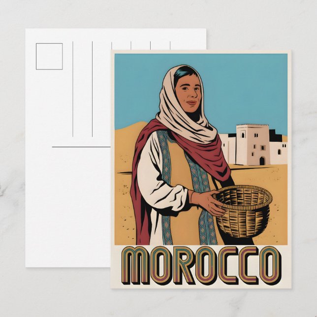 Cartão Postal Cartaz viagem no Marrocos com presente de mulher l (Frente/Verso)