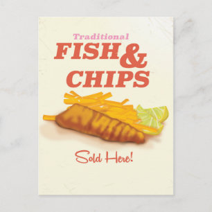 Cartão Postal Cartaz vintage de peixe e batata frita tradicional