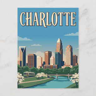 Cartão Postal Cartaz Vintage do Horizonte de Charlotte Carolina