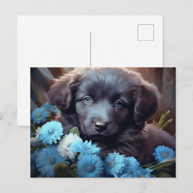 Cartão Postal Carte Postale Chien Fleur Bleu (Frente/Verso)