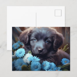 Cartão Postal Carte Postale Chien Fleur Bleu