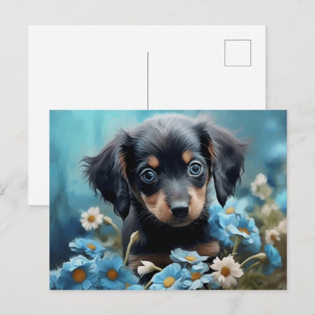 Cartão Postal Carte Postale Chien Fleur Bleu (Frente/Verso)
