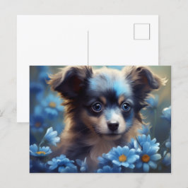 Cartão Postal Carte Postale Chien Fleur Bleu