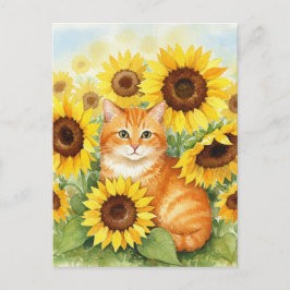 Cartão Postal Cartoaz Postal de Gato Ruivo Fofo em Girassóis