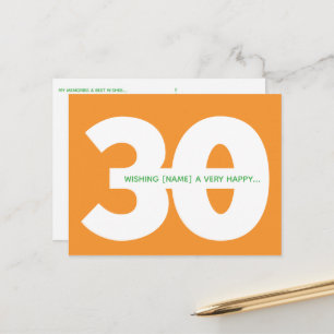 Cartão Postal Cartões-postais de aniversário de 30 anos em laran